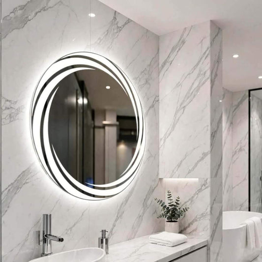 Miroir Lumineux LED Rond Nelsmann — Modèle spirale sur mur en marbre blanc