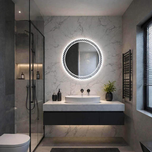 Miroir salle de bain LED rond strié Nelsmann éclairé au-dessus d'un meuble vasque