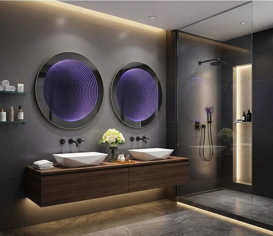 Deux miroirs salle de bain LED ronds effet tunnel 3D Nelsmann installés au-dessus d'un meuble vasque
