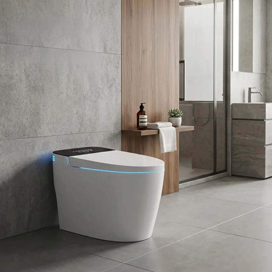Toilette japonaise Nelsmann HIKARI vue de trois-quarts avec éclairage LED dans une salle de bain