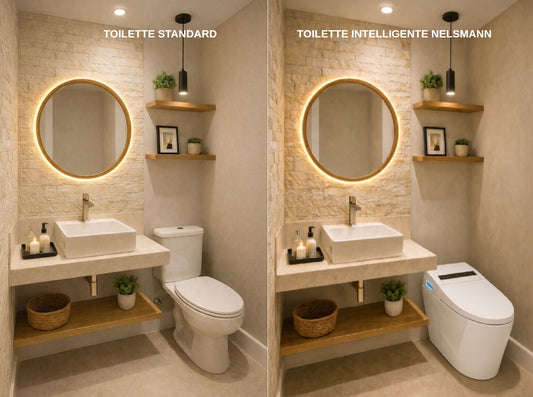 Comparaison visuelle entre une toilette standard et une toilette intelligente Nelsmann.