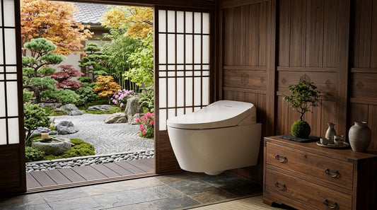 WC japonais suspendu intelligent Nelsmann installé dans une salle de bains au design traditionnel avec portes shoji et vue sur un jardin Zen