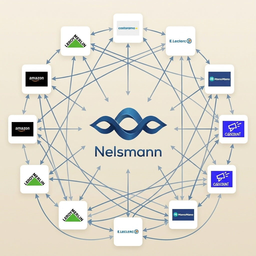 logo nelsmann au centre avec les marketplace amazon leroy merlin castorama 