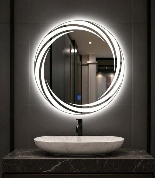 Miroir rond lumineux à LED avec effet halo au-dessus d'une vasque en marbre