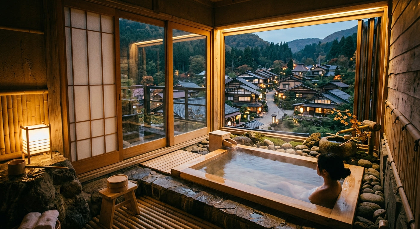 Baignoire en bois traditionnelle japonaise avec vue sur un village de montagne au crépuscule