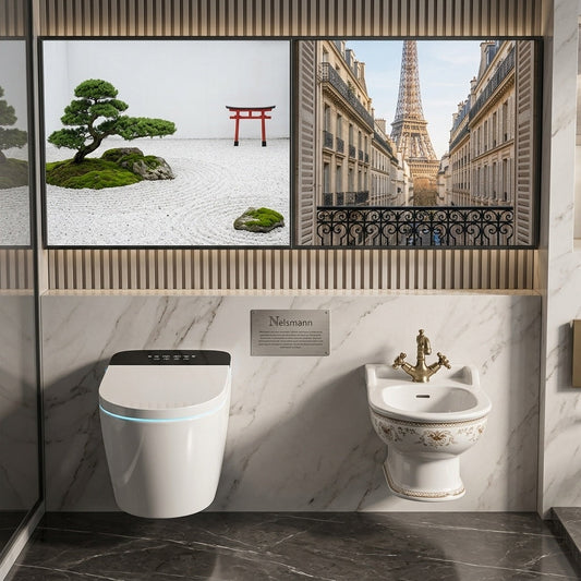 Toilette japonaise intelligente Nelsmann dans une salle de bain au style parisien et japonais.