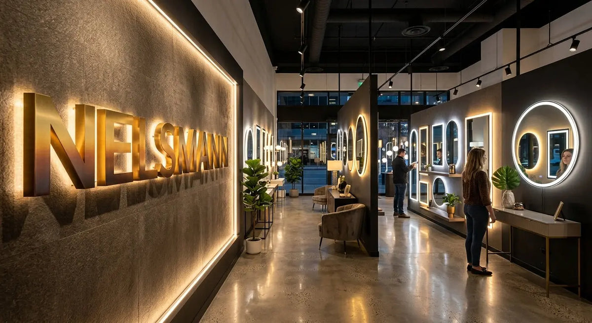 Miroirs de salle de bain lumineux Nelsmann ronds LED dans un showroom moderne