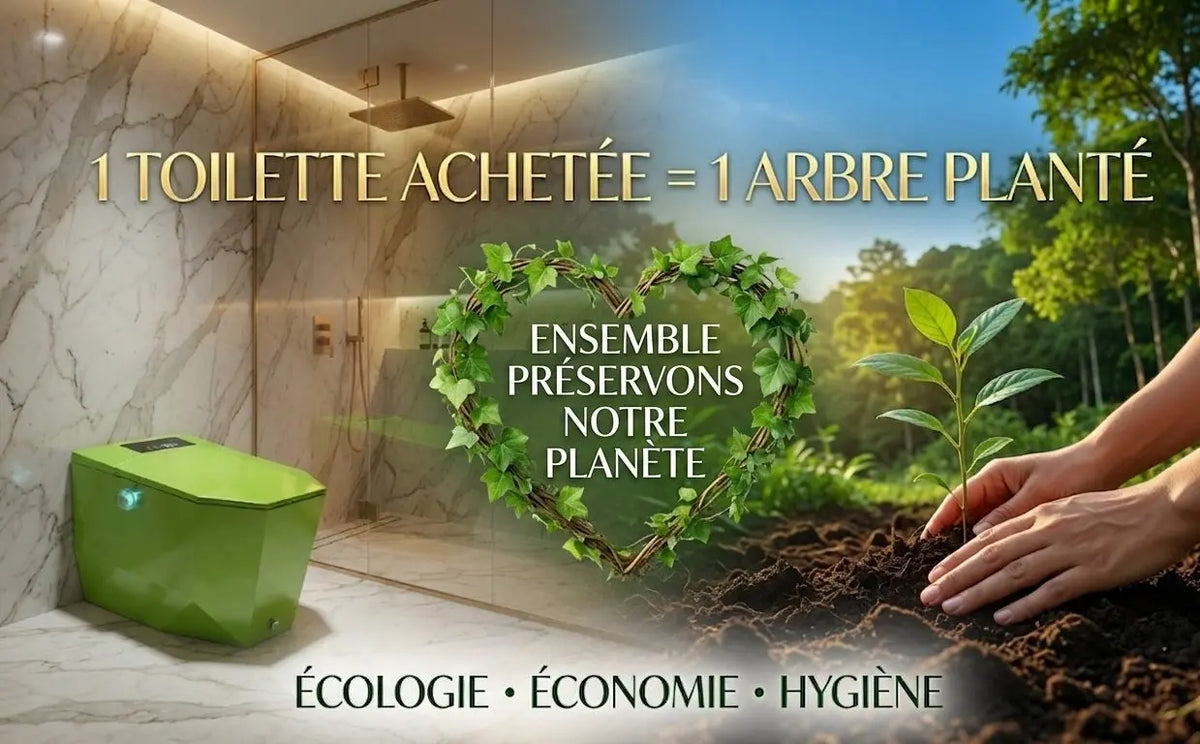 Publicité pour une toilette écologique : pour chaque toilette achetée, un arbre est planté. Avec les mots-clés Écologie, Économie, Hygiène