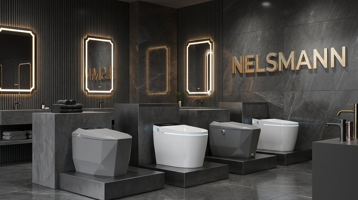 Modèles de toilettes japonaises Nelsmann exposés dans un showroom gris foncé