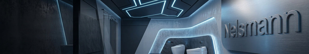 Aperçu du showroom futuriste Nelsmann pour toilettes japonaises intelligentes, avec des toilettes modernes et une signalisation architecturale de la marque.