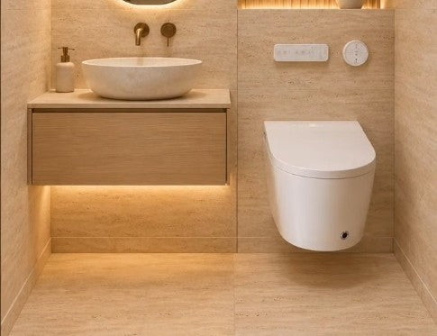 wc japonais dans une salle de bain couleur beige de la gamme confort