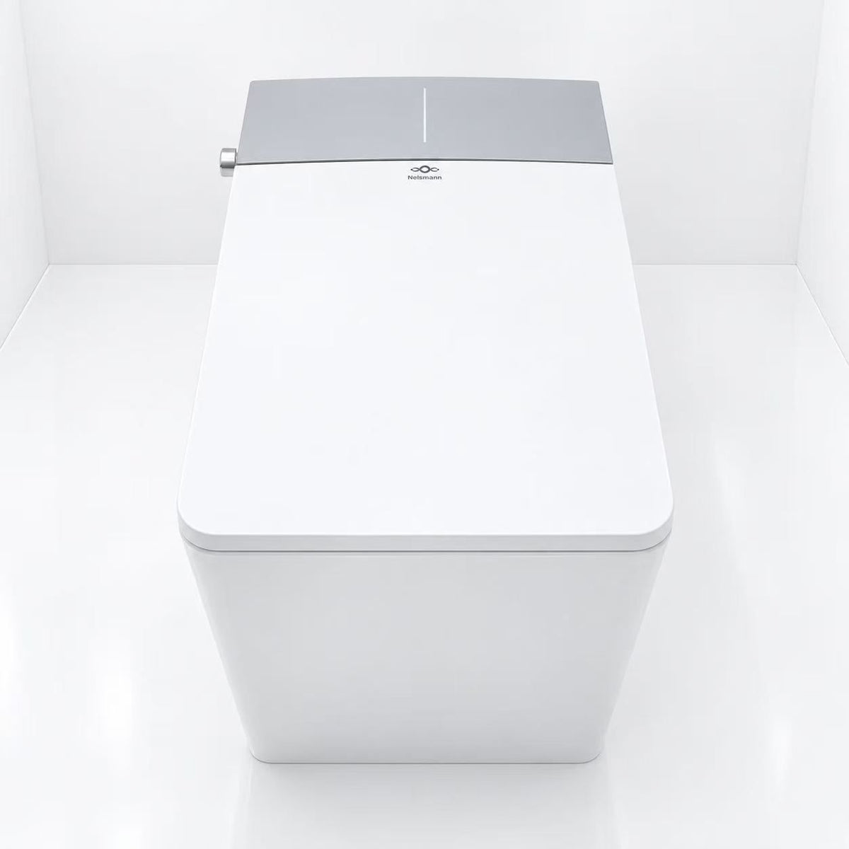 Toilette lavante Nelsmann KAKU vue de dessus, capot gris avec bande lumineuse et abattant blanc fermé