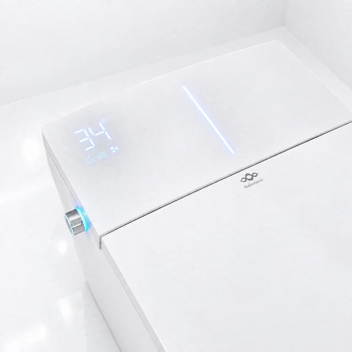 Écran LED du WC japonais Nelsmann KAKU affichant la température de l’eau à 34 °C, molette éclairée en bleu
