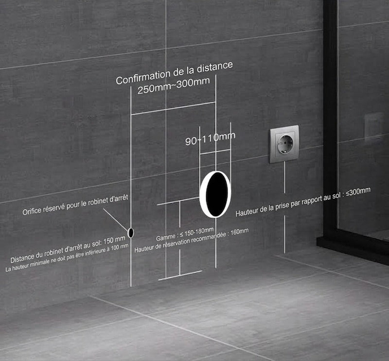 Schéma d'installation de la toilette japonaise Nelsmann HIKARI avec distances au sol et à la prise électrique