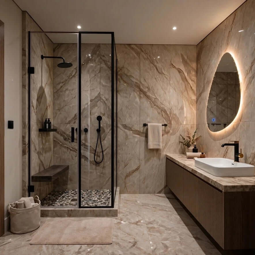 Miroir salle de bain LED asymétrique Nelsmann fixé au mur dans une salle de bain de luxe