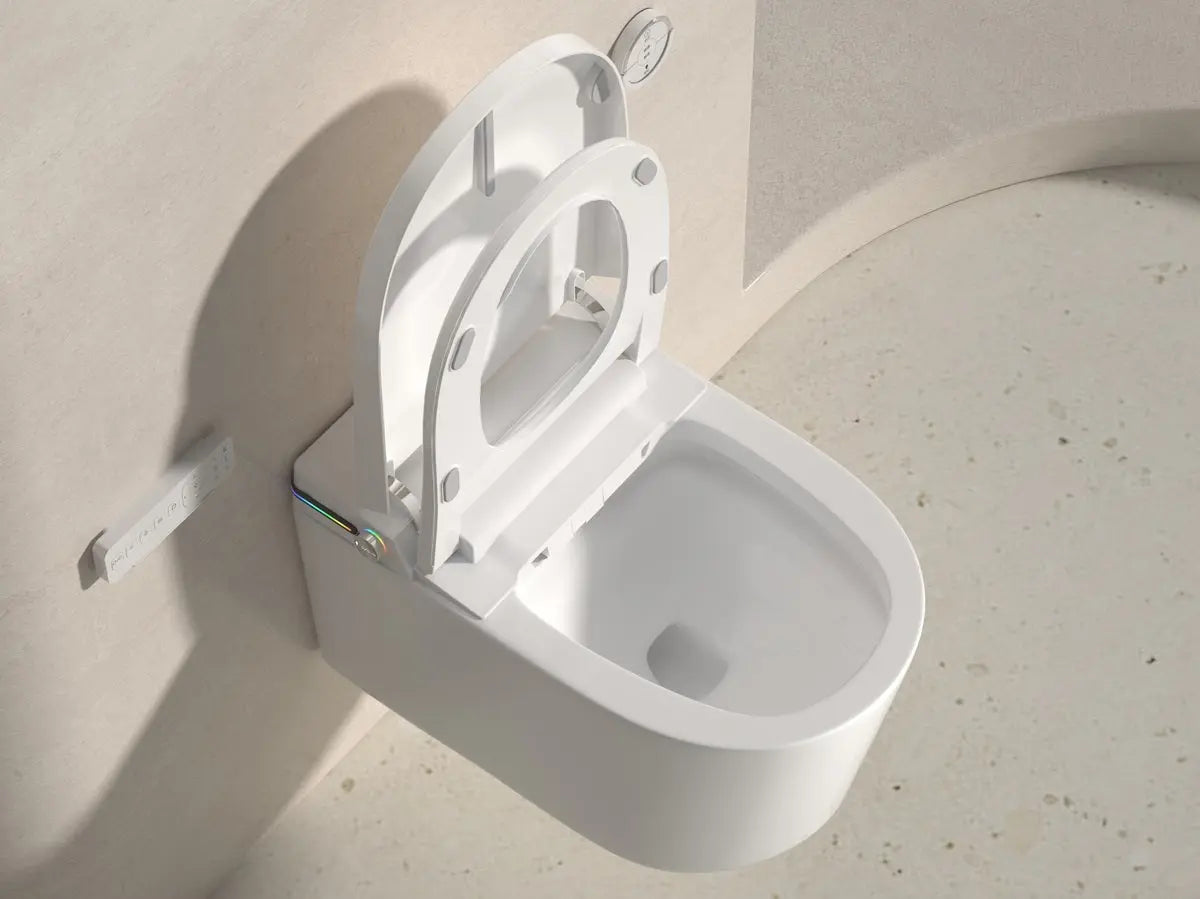 Éclairage LED de la Toilette Japonaise Suspendue Nelsmann SORA avec lunette ouverte