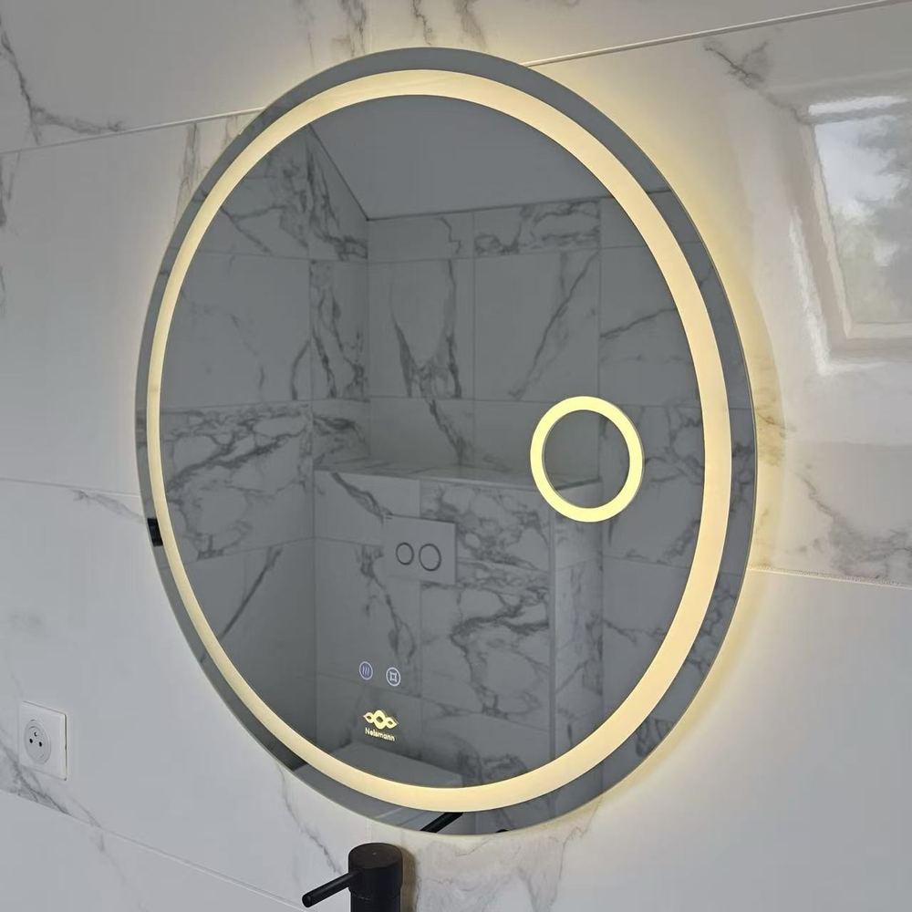 Miroir LED rond Nelsmann Elys en lumière chaude avec loupe éclairée