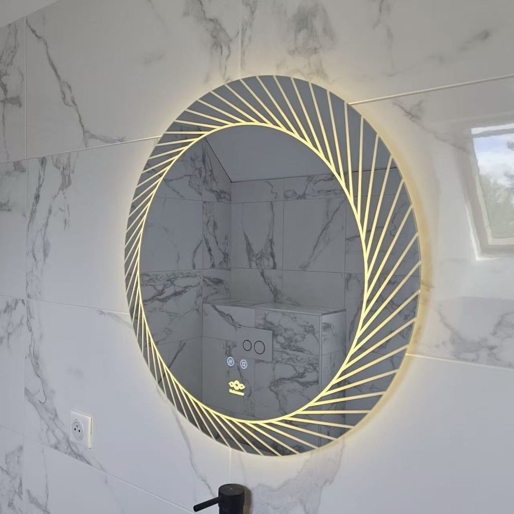 Miroir LED rond anti-buée Nelsmann Neora en lumière chaude au-dessus d'un lavabo