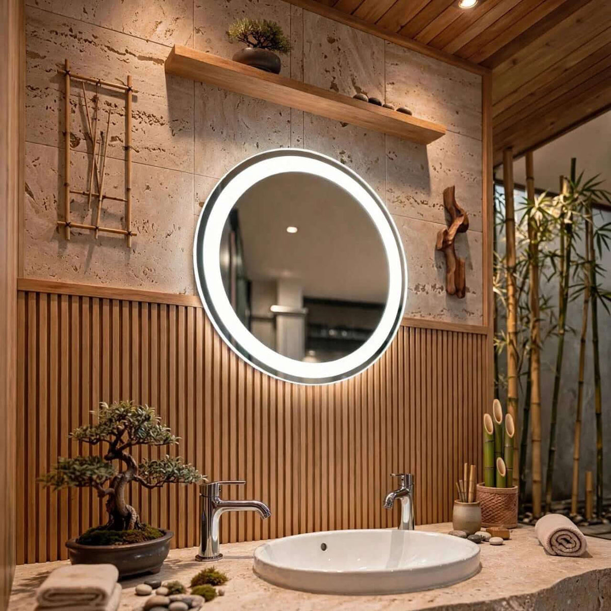 Miroir salle de bain LED rond Nelsmann fixe sur mur en pierre et bois
