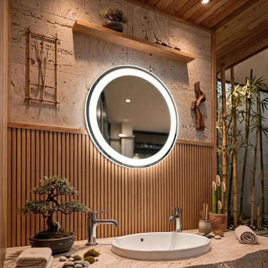Miroir salle de bain LED rond Nelsmann fixe sur mur en pierre et bois