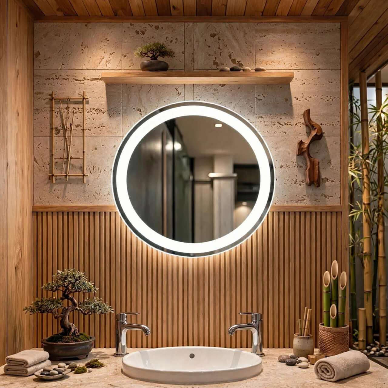 Miroir salle de bain LED rond Nelsmann avec halo lumineux au-dessus d'une vasque