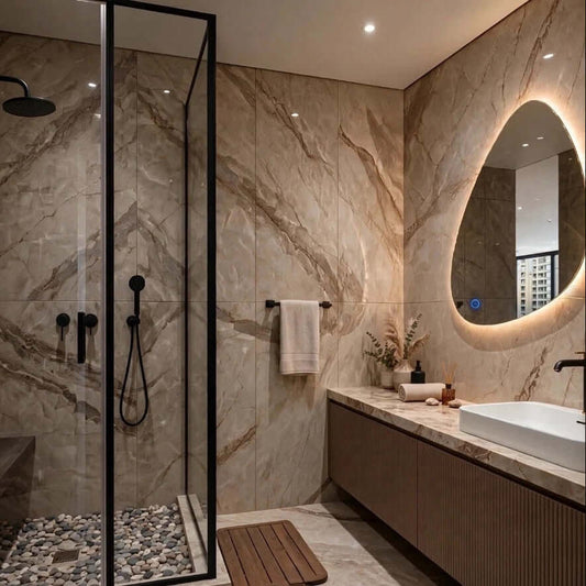 Miroir salle de bain LED asymétrique Nelsmann dans un intérieur moderne en marbre