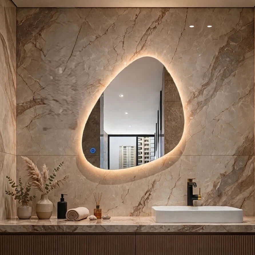 Miroir salle de bain LED asymétrique Nelsmann rétroéclairé au-dessus d'une vasque