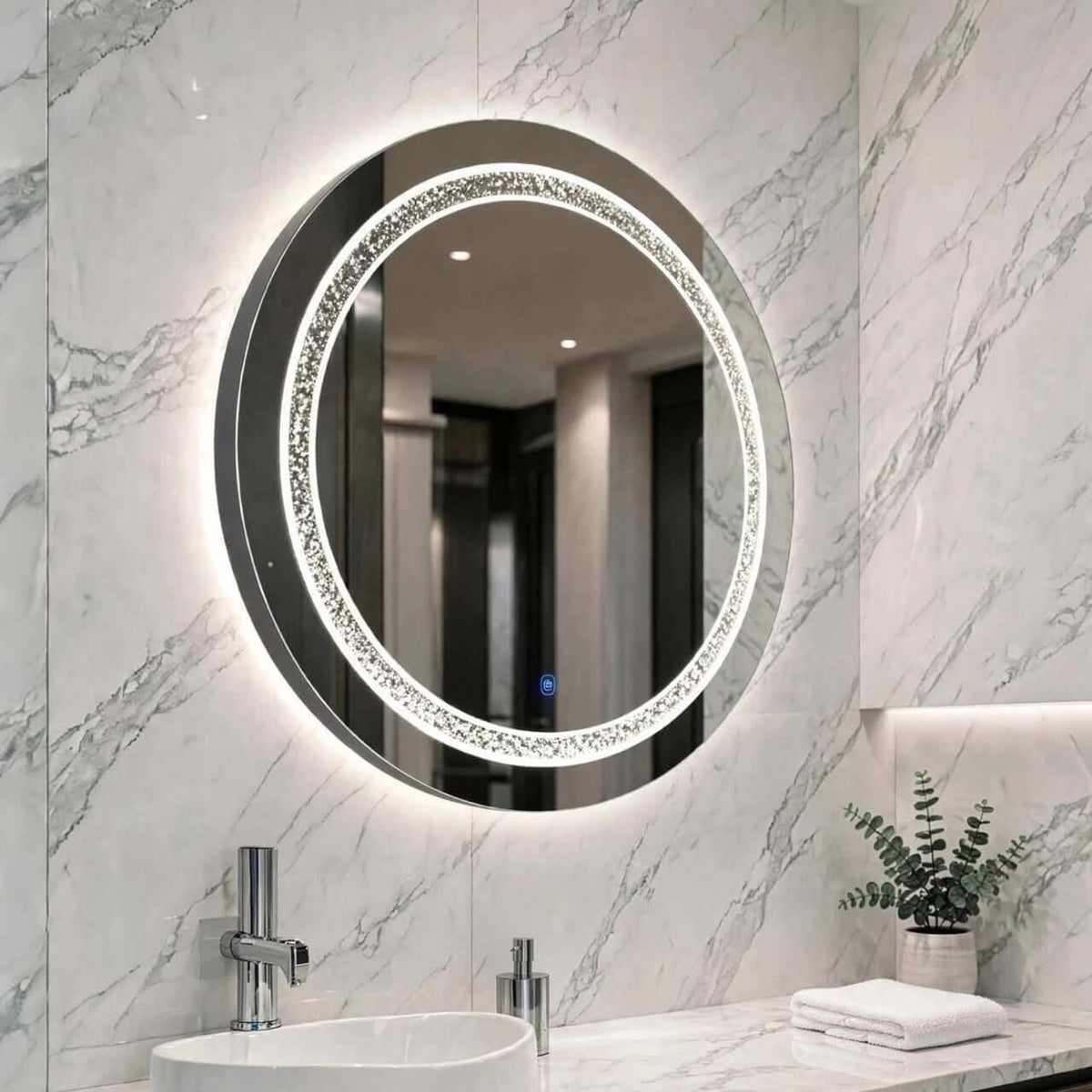 Miroir salle de bain LED rond effet diamant Nelsmann fixe sur mur en marbre blanc