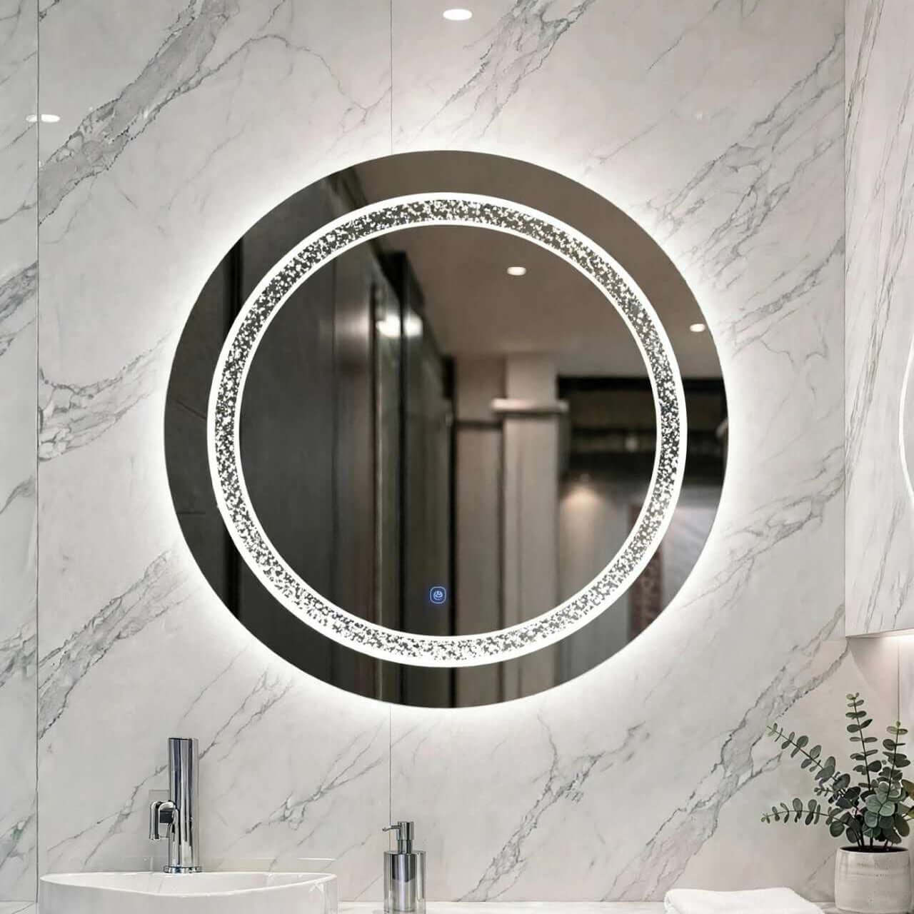 Miroir salle de bain LED rond effet diamant Nelsmann rétroéclairé au-dessus d'une vasque