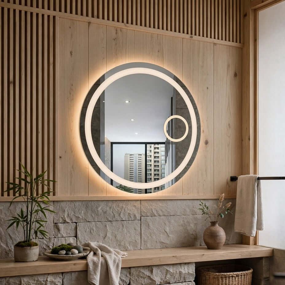 Miroir salle de bain LED rond Nelsmann rétroéclairé accroché sur mur en bois