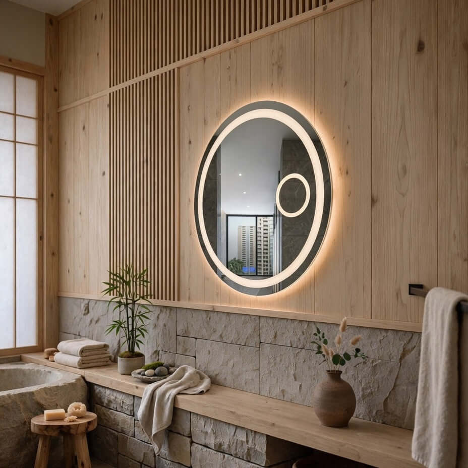 Miroir salle de bain LED rond Nelsmann dans une salle de bain moderne style zen