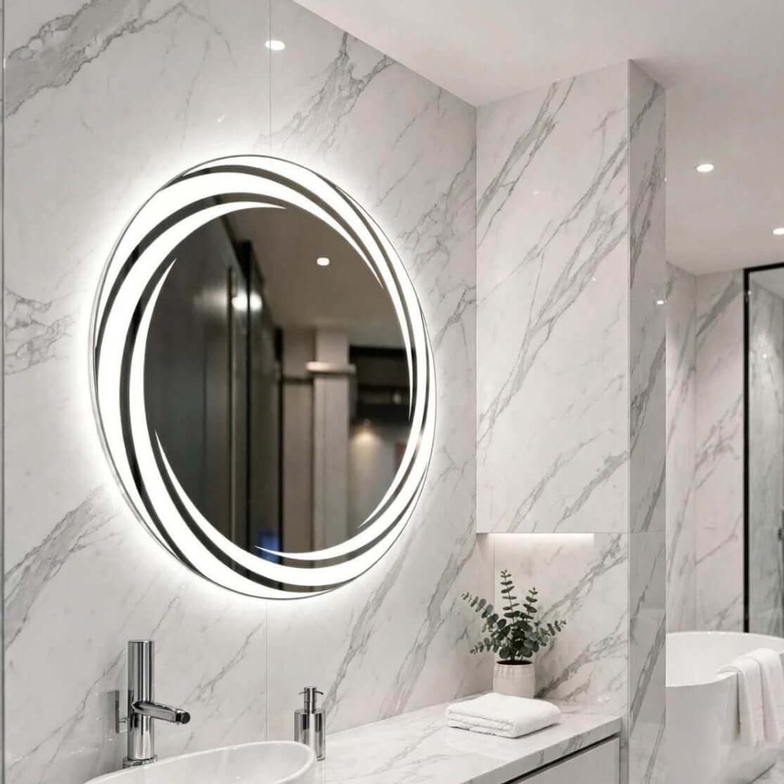 Miroir Lumineux LED Rond Nelsmann — Modèle spirale sur mur en marbre blanc