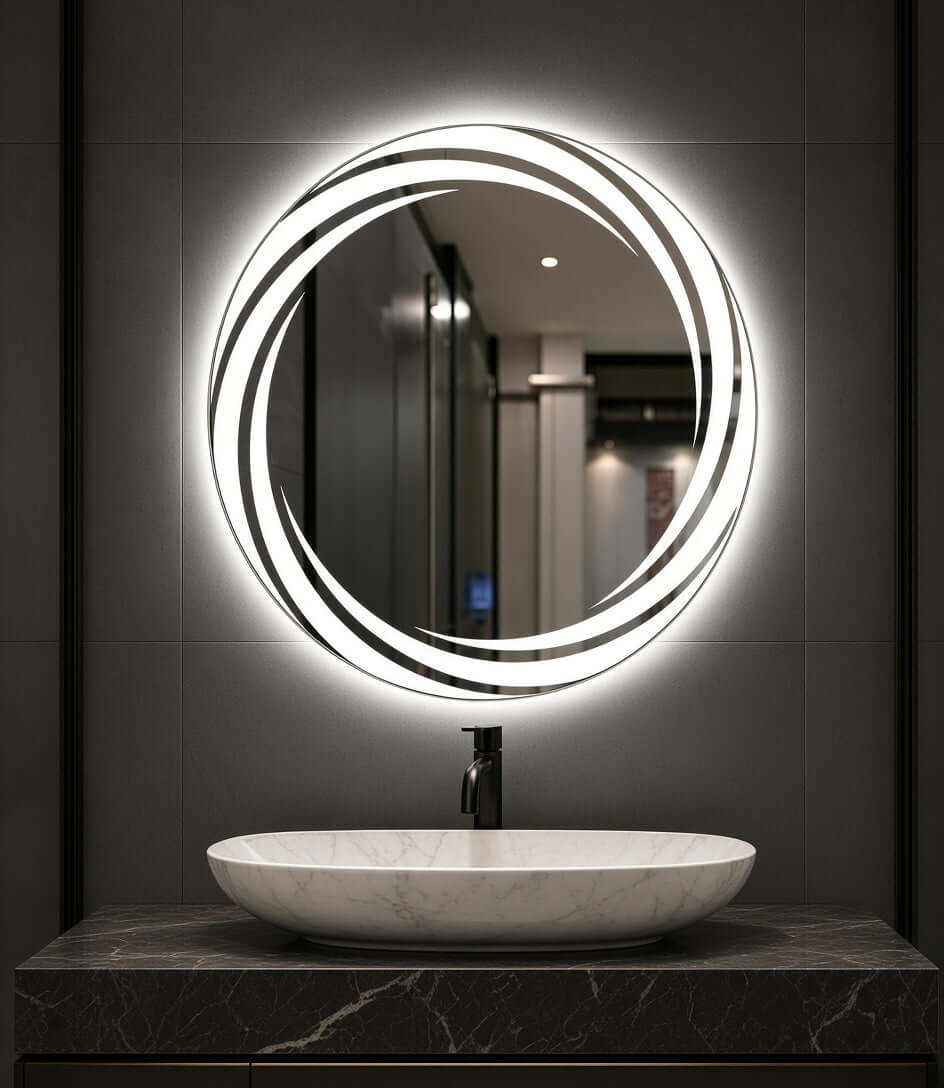 Miroir Lumineux LED Rond Nelsmann — Installation au-dessus d'une vasque en marbre