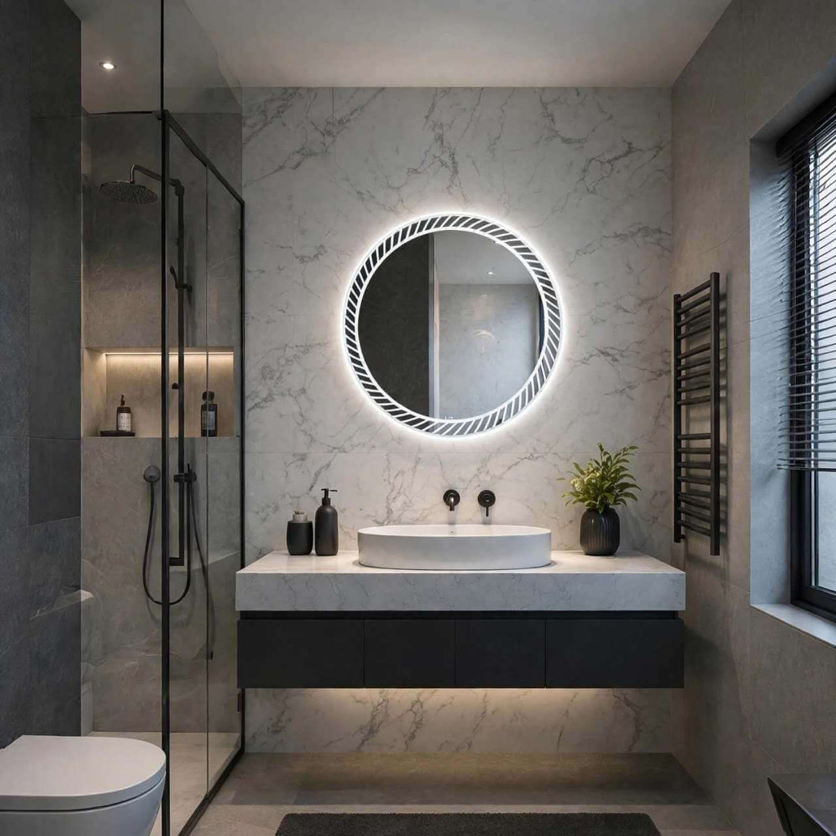 Miroir salle de bain LED rond strié Nelsmann éclairé au-dessus d'un meuble vasque