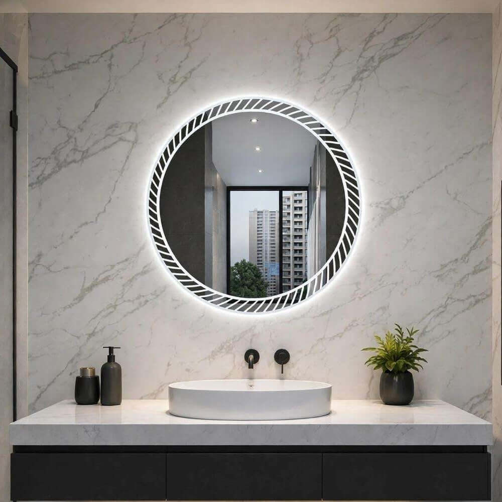 Miroir salle de bain LED rond strié Nelsmann fixe sur mur en marbre avec cadre ciselé