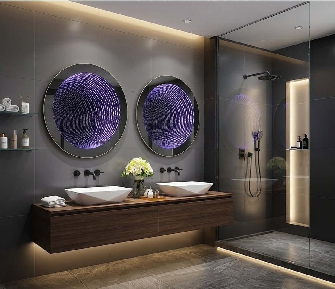 Deux miroirs salle de bain LED ronds effet tunnel 3D Nelsmann installés au-dessus d'un meuble vasque