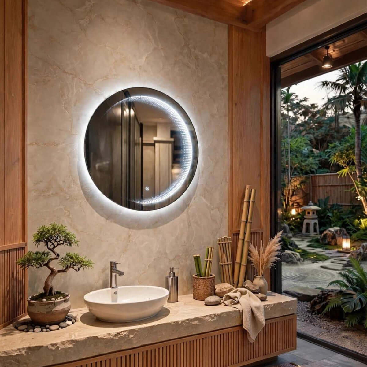 Miroir salle de bain LED rond effet tunnel 3D Nelsmann éclairage blanc froid