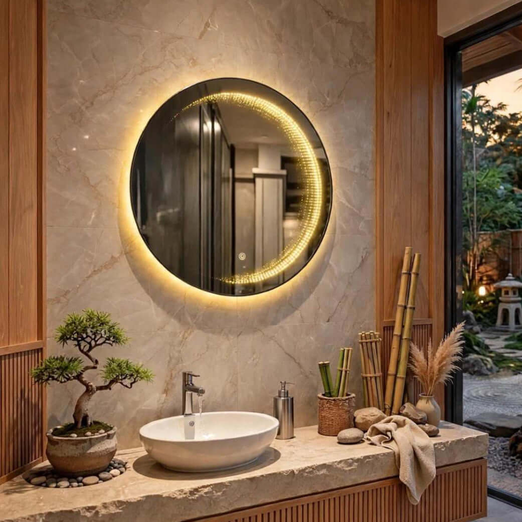 Miroir salle de bain LED rond effet tunnel 3D Nelsmann dans un décor zen avec bonsaï