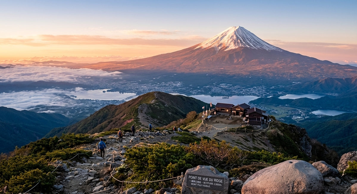 Vue panoramique du Mont Fuji au coucher du soleil depuis un point de randonnée