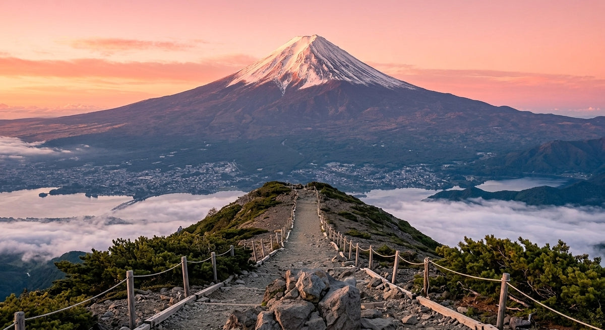 Sentier de randonnée menant au Mont Fuji au lever du soleil avec mer de nuages