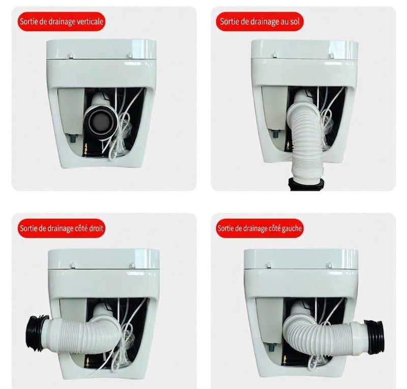 Options de sortie de drainage pour la toilette japonaise Nelsmann HIKARI : verticale, au sol, côté droit, côté gauche
