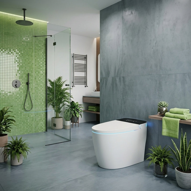 Toilette japonaise intelligente Nelsmann HIKARI dans une salle de bain moderne avec douche à l'italienne et carrelage vert
