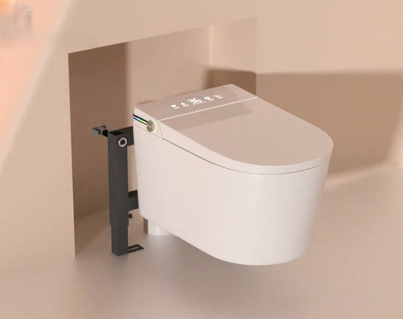 Toilette japonaise suspendue Nelsmann SORA installée sur bâti-support, vue de profil