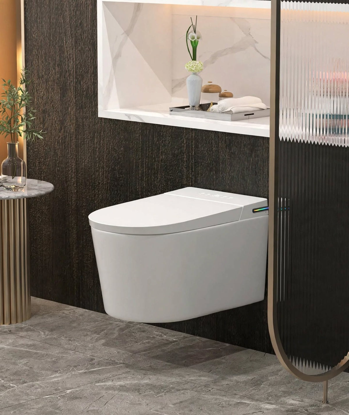 toilette japonaise suspendu dans une salle de bain couleur grise
