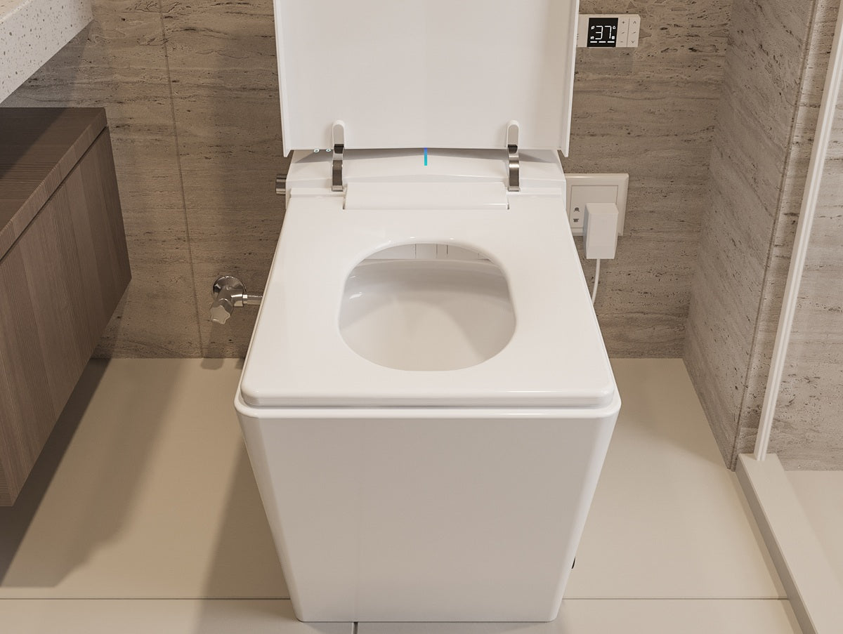 Vue sur la lunette de la Toilette Japonaise Intelligente Nelsmann KAKU Blanc avec bidet lavant