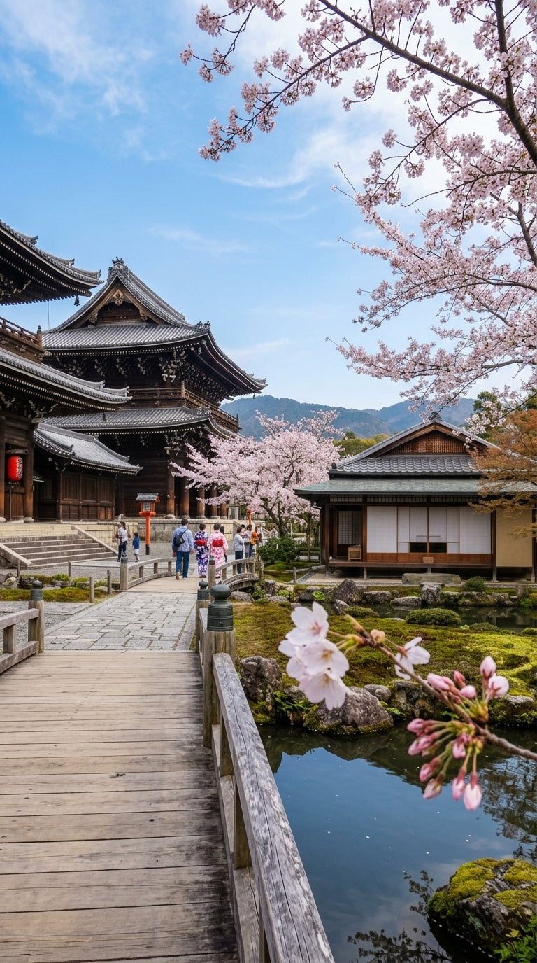 Temple japonais traditionnel avec jardin zen et cerisiers en fleurs à Kyoto