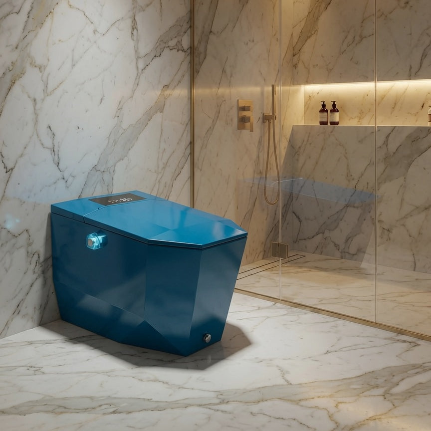 Toilette japonaise luxe Nelsmann KONGO coloris bleu dans une salle de bain en marbre avec douche italienne