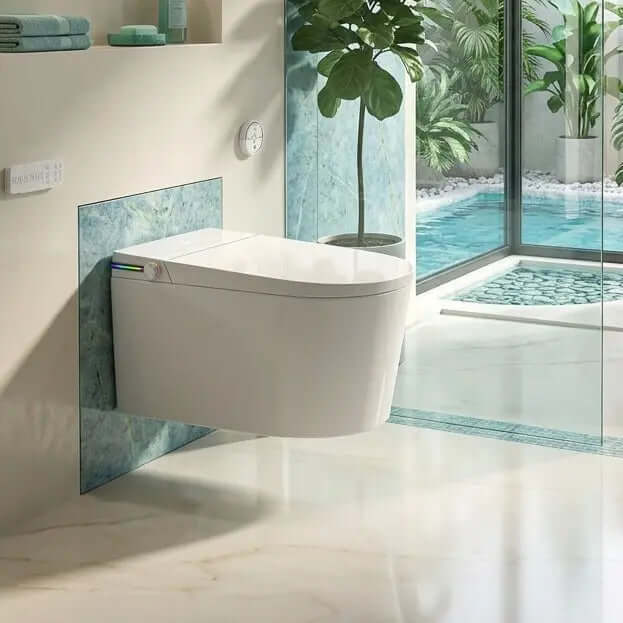 Toilette Japonaise Suspendue Nelsmann SORA dans une salle de bain moderne avec design élégant.