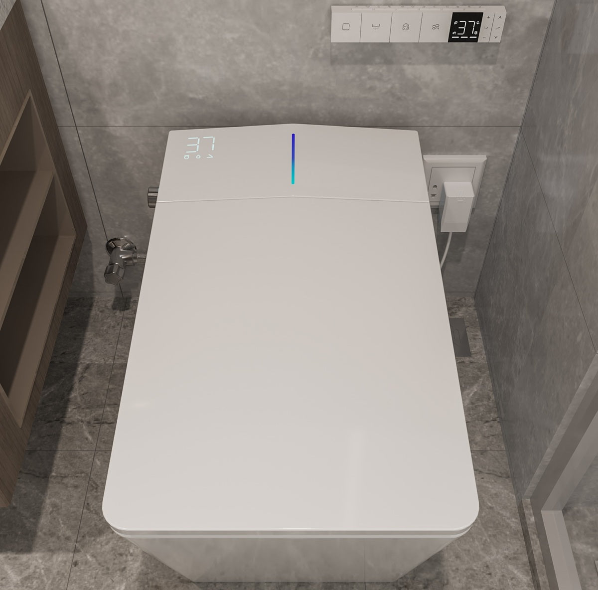 Vue de face de la Toilette Japonaise Intelligente Nelsmann KAKU Blanc dans une salle de bain moderne