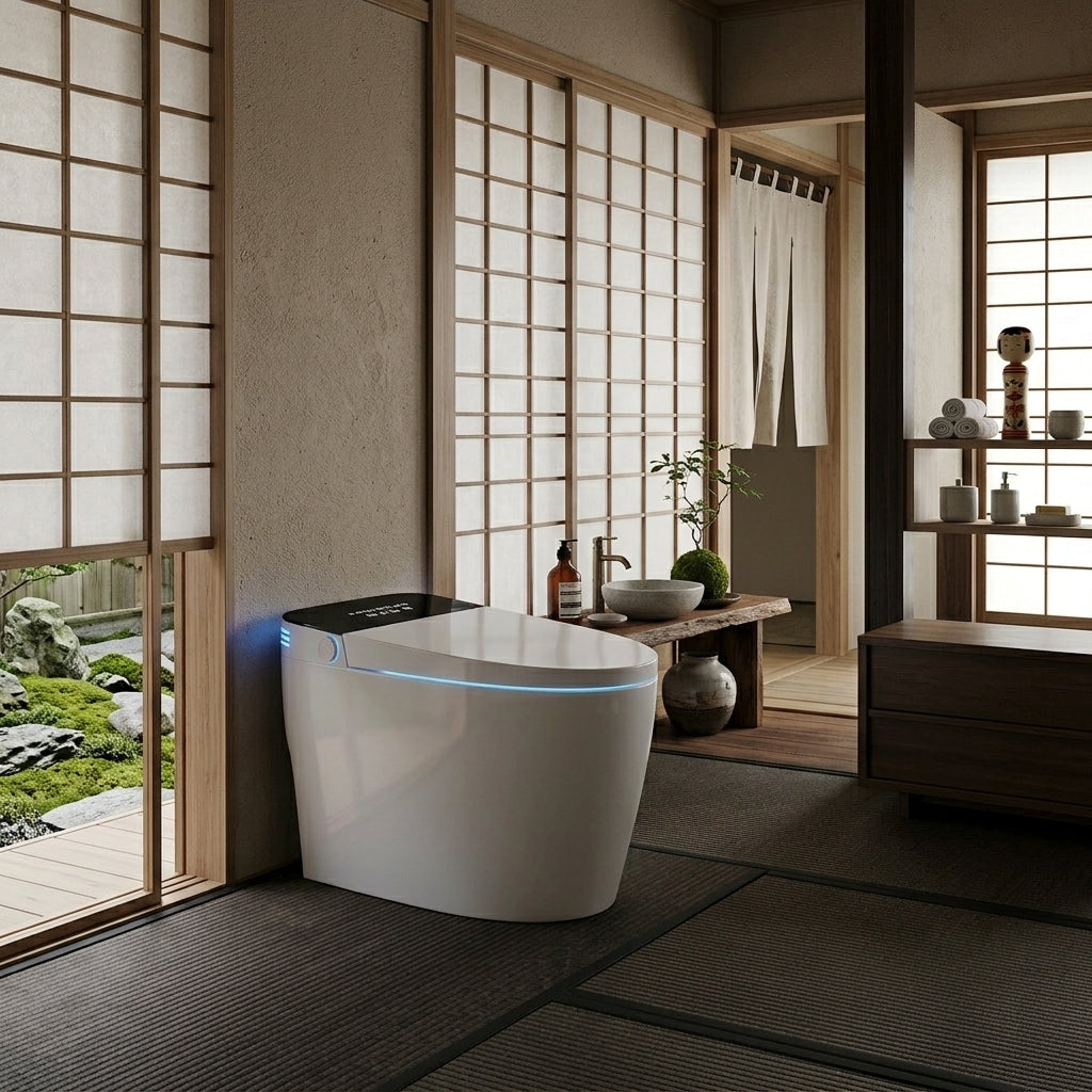 Toilette japonaise intelligente Nelsmann dans une salle de bain style zen avec jardin.